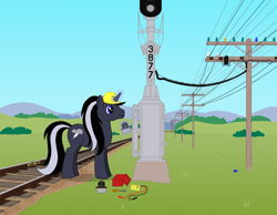 Size: 1700x1319 | Tagged: safe, artist:lonewolf3878, oc, oc only, oc:chrome thunder, railroad signal, solo, telephone pole, train tracks