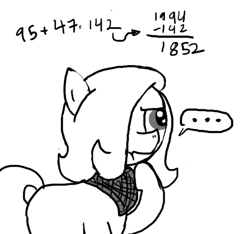 Size: 640x600 | Tagged: safe, artist:ficficponyfic, oc, oc only, oc:emerald jewel, earth pony, pony, child, colt, colt quest, cyoa, foal, grayscale, grimace, hair over one eye, male, math, monochrome, solo, story included, thinking