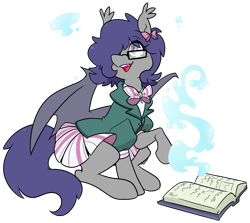 Size: 1057x943 | Tagged: safe, artist:egophiliac, oc, oc only, oc:dusk rhine, bat pony, pony, book, box, clothes, cute, female, glasses, magic, mare, ocbetes, school uniform, simple background, skirt, solo, spellbook, transparent background, water