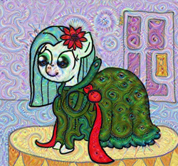 Size: 750x703 | Tagged: safe, artist:ficficponyfic, color edit, edit, edited edit, oc, oc only, oc:emerald jewel, alternate color palette, bow, clothes, color, colored, colt, colt quest, crossdressing, cute, cyoa, deepdream, door, drag queen, dress, femboy, flower, flower in hair, male, ribbon, shoes, solo, trap