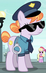 Size: 472x740 | Tagged: safe, edit, edited screencap, editor:mrdoctorderpy, screencap, copper top, luckette, the gift of the maud pie, clothes, cuffs, happy, hat, police pony, sunglasses