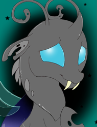 Size: 645x849 | Tagged: safe, artist:changelingtrash, artist:princessamity, oc, oc only, oc:breakaway, changeling, antennae, bust, changeling oc, fangs, male, portrait, simple background, smiling, solo, stars