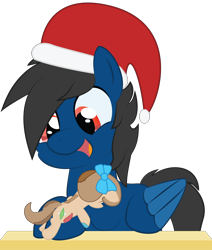 Size: 2000x2358 | Tagged: safe, artist:mintysketch, oc, oc only, oc:raggie, oc:redd, original species, pegasus, happy, hat, hug, minty's christmas ponies, open mouth, santa hat, simple background, transparent background, vector