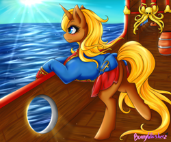 Size: 1200x1000 | Tagged: safe, artist:bunnywhiskerz, oc, oc only, oc:belle de mer, pony, shark, unicorn, barrel, blue eyes, clothes, commission, female, mare, ocean, pirate, ship, smiling, solo, sunlight, sunrise, water