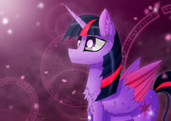 Size: 1024x724 | Tagged: safe, artist:simonk0, twilight sparkle, twilight sparkle (alicorn), alicorn, pony, chest fluff, colored wings, colored wingtips, ear fluff, magic, magic circle, solo