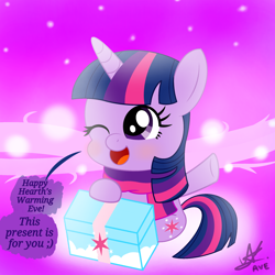 Size: 2048x2048 | Tagged: safe, artist:matchapony, twilight sparkle, blushing, clothes, cute, gift giving, looking up, one eye closed, open mouth, present, scarf, sitting, smiling, solo, speech bubble, twiabetes, wink