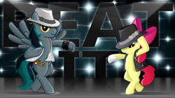 Size: 4998x2811 | Tagged: safe, artist:blackgryph0n, apple bloom, oc, oc:blackgryph0n, pony, absurd resolution, beat it, michael jackson, michelle creber, ponified, song reference, text, vector
