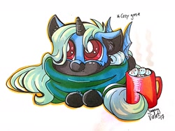 Size: 1280x957 | Tagged: safe, artist:sugaryviolet, oc, oc only, bat pony, pony, blanket, commission, cozy, cute, descriptive noise, mug, solo, traditional art