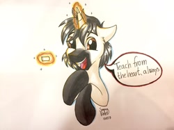 Size: 1280x959 | Tagged: safe, artist:sugaryviolet, oc, oc only, pony, unicorn, chalk, commission, dialogue, magic, motivational, solo, telekinesis, traditional art