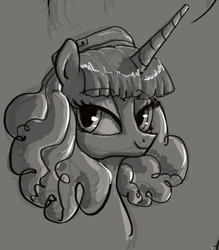 Size: 846x965 | Tagged: safe, artist:plotcore, tropical dream, pony, unicorn, bust, female, grayscale, hat, lidded eyes, mare, monochrome, smiling, solo