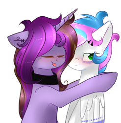 Size: 1420x1435 | Tagged: safe, artist:xxdarkmindxx, oc, oc only, oc:symphony diamond, pegasus, pony, unicorn, hug, simple background, transparent background