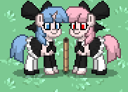 Size: 182x131 | Tagged: safe, earth pony, pony, unicorn, clothes, day, maid, ponified, pony town, ram, re:life in a different world from zero, re:zero, rem, torch