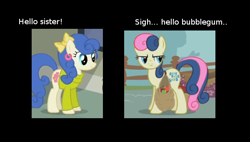 Size: 600x340 | Tagged: safe, edit, edited screencap, screencap, blueberry curls, bon bon, bubblegum blossom, sweetie drops, earth pony, pony, duo, female, sisters