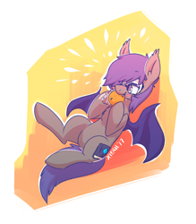 Size: 2334x2665 | Tagged: safe, artist:xieril, oc, oc only, oc:dusk rhine, bat pony, pony, adorkable, chest fluff, cute, cutie mark, dork, fangs, food, fruit, glasses, hair over one eye, happy, male, nibbling, nom, orange, solo, stallion