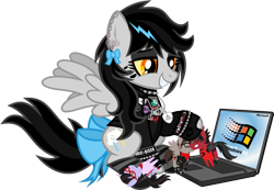 Size: 1698x1173 | Tagged: safe, artist:lightningbolt, derpibooru exclusive, oc, oc only, oc:lightning dee, bat pony, pegasus, pony, unicorn, .svg available, bow, brendon urie, button, choker, clandestine industries, clothes, cobra starship, colored sclera, computer, death spells, diamond, dyed mane, ear piercing, earring, emo, eyeliner, eyeshadow, face paint, fall out boy, fangs, female, figure, fingerless gloves, frnkiero andthe cellabration, glasses, gloves, grin, hair bow, hoodie, hoof hold, implied gay, implied shipping, jewelry, laptop computer, leathermøuth, lidded eyes, long mane, looking down, makeup, mare, messy mane, mikey way, minecraft, my chemical romance, necklace, open mouth, panic! at the disco, pete wentz, piercing, pin, playing, pointy ponies, ponified, raised hoof, ribbon, shipper on deck, shirt, shoes, simple background, sitting, smiling, socks, solo, spiked choker, spiked wristband, spread wings, striped socks, svg, tail bow, toy, transparent background, undershirt, vector, windows, windows 95, wings, wristband, yellow sclera, zipper
