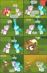 Size: 4550x7000 | Tagged: safe, artist:cyanlightning, apple bloom, button mash, scootaloo, sweetie belle, oc, oc:cyan lightning, alicorn, earth pony, pegasus, pony, unicorn, comic:cyan's adventure, .svg available, absurd resolution, alicornified, buttoncorn, clothes, colt, comic, cutie mark crusaders, female, filly, hat, magic, male, mare, race swap, scarf, vector