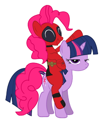 Size: 1313x1577 | Tagged: safe, artist:riniginianna, derpibooru import, pinkie pie, twilight sparkle, earth pony, pony, base used, deadpool, pinkiepool, ponies riding ponies, simple background, transparent background, unamused