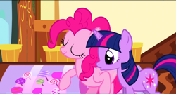 Size: 1360x730 | Tagged: safe, derpibooru import, screencap, pinkie pie, twilight sparkle, earth pony, pony, griffon the brush off, eyes closed, smiling