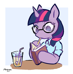 Size: 712x727 | Tagged: safe, artist:morgana, twilight sparkle, semi-anthro, arm hooves, book, clothes, drink, glasses, mouth hold, pencil, shirt, signature, simple background, solo, studying