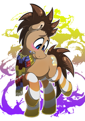 Size: 905x1280 | Tagged: safe, artist:theobrobine, doctor whooves, pony, blushing, clothes, doctor who, male, scarf, socks, solo, sonic screwdriver, stallion, striped socks