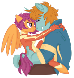 Size: 910x961 | Tagged: safe, artist:dbkit, scootaloo, snips, anthro, pegasus, unguligrade anthro, unicorn, clothes, cute, eyes closed, female, male, mare, older, older scootaloo, older snips, scootasnips, shipping, smiling, stallion, story in the source, straight