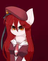 Size: 1024x1290 | Tagged: safe, artist:little-sketches, oc, oc only, oc:sora, pony, blushing, clothes, eye clipping through hair, female, hat, looking at you, mare, necktie, red hair, simple background, solo