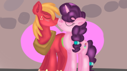 Size: 1280x720 | Tagged: safe, artist:jbond, big macintosh, sugar belle, earth pony, pony, hard to say anything, female, kissing, male, mare, shipping, stallion, straight, sugarmac