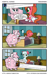 Size: 1280x1978 | Tagged: safe, artist:wadusher0, oc, oc only, oc:fluffle puff, oc:pun, earth pony, pony, comic:hospital hijinks, bandage, comic, female, hat, mare, nurse hat, scar