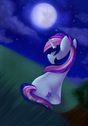 Size: 1024x1463 | Tagged: safe, artist:sugguk, oc, oc only, pony, unicorn, moon, night, sitting, solo