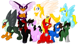 Size: 1024x576 | Tagged: safe, artist:usagi-zakura, alicorn, earth pony, griffon, pegasus, pony, unicorn, black widow (marvel), bruce banner, bucky barnes, captain america, clint barton, crossover, falcon (marvel comics), hawkeye, iron man, natasha romanov, peter parker, ponified, sam wilson, simple background, spider-man, steve rogers, the avenger, the incredible hulk, thor, tony stark, transparent background, winter soldier