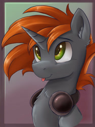 Size: 3000x4000 | Tagged: safe, artist:ardail, oc, oc only, oc:thinker, pony, unicorn, absurd resolution, bust, ear fluff, headphones, smiling, solo, tongue out