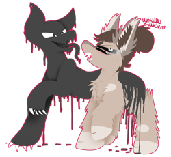 Size: 1024x944 | Tagged: safe, artist:vanillaswirl6, oc, oc only, demon, demon pony, earth pony, pony, annoyed, behaving like a dog, black sclera, cheek fluff, chest fluff, chibi, claws, coat markings, colored eyelashes, colored hooves, commission, corrupted, dripping, duo, ear fluff, fangs, female, fluffy, four eyes, hair bun, looking away, monster, multicolored fur, open mouth, raised hoof, sharp teeth, spots, teeth, tongue out, unnamed oc, white eyes