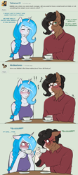 Size: 2000x4500 | Tagged: safe, artist:askbubblelee, oc, oc only, oc:bubble lee, oc:imago, oc:walter nutt, anthro, earth pony, unicorn, absurd resolution, anthro oc, awkward, blushing, blushing profusely, clothes, comic, cup, deviantart, dialogue, drink, duo, female, friends, green background, male, mare, simple background, stallion, teacup