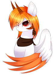 Size: 1594x2225 | Tagged: safe, artist:little-sketches, oc, oc only, oc:silveer moon, hybrid, pegasus, pony, succubus, art trade, bandana, colored pupils, eye clipping through hair, freckles, horn, orange hair, red eyes, simple background, smiling, solo, transparent background