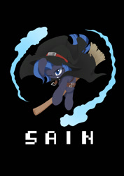 Size: 850x1200 | Tagged: safe, artist:l8lhh8086, oc, oc only, oc:sain, pony, broom, cloak, clothes, female, flying, flying broomstick, hat, mare, solo, witch hat