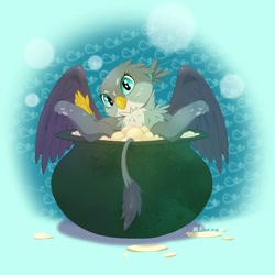 Size: 960x960 | Tagged: artist needed, safe, gabby, griffon, cauldron, cute, head tilt, looking at you, paws, smiling, solo