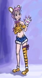 Size: 585x1080 | Tagged: safe, artist:agm, scootaloo, human, clothes, cosplay, costume, daisy dukes, humanized, older, paw gloves, paw prints, shorts