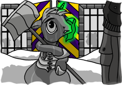 Size: 500x350 | Tagged: safe, artist:dantheman, oc, oc only, human, pony, unicorn, fanfic:chrysalis visits the hague, armor, barracks, breastplate, castle, chapter image, clothes, corporal punishment, fanfic, fanfic art, fimfiction, fimfiction.net link, fort, glowing horn, grid, gritted teeth, handkerchief, holding, human in equestria, implied human, jacket, levitation, link in description, magic, military, military base, nervous, punishment, royal guard, scared, scarf, sergeant, shadow, shovel, sitting, snow, snow shovel, soldier, sweat, telekinesis, uniform, window