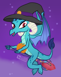 Size: 800x1000 | Tagged: safe, artist:dm29, dragon lord ember, princess ember, dragon, bloodstone scepter, claws, dragon wings, dragoness, female, halloween costume, hat, horns, open mouth, pumpkin, solo, wings, witch, witch hat