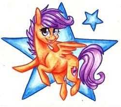 Size: 812x718 | Tagged: safe, artist:twixyamber, scootaloo, flying, solo, traditional art