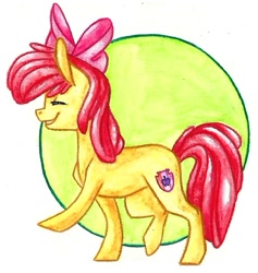 Size: 724x765 | Tagged: safe, artist:twixyamber, apple bloom, apple bloom's bow, bow, eyes closed, hair bow, solo, traditional art, walking