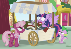 Size: 1200x840 | Tagged: safe, artist:dm29, cheerilee, spike, twilight sparkle, twilight sparkle (alicorn), alicorn, dragon, earth pony, pony, apron, book, book cart, clothes, female, male, mare, stallion, that pony sure does love books