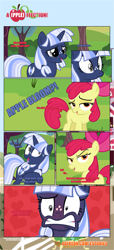 Size: 1919x4225 | Tagged: safe, artist:estories, apple bloom, oc, oc:silverlay, pony, unicorn, comic:a(pple)ffection, absurd resolution, blushing, comic, engrish, female, mare, tree