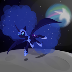 Size: 512x512 | Tagged: safe, artist:lunarartista, nightmare moon, alicorn, pony, flying, moon, planet, solo, stars