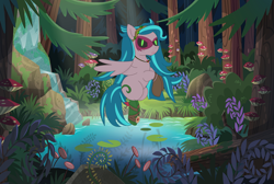 Size: 3040x2048 | Tagged: safe, artist:castelainmlp, gaea everfree, gloriosa daisy, pegasus, pony, equestria girls, legend of everfree, equestria girls ponified, female, forest, magical geodes, mare, pond, ponified, scenery, solo, waterfall