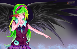 Size: 4000x2558 | Tagged: safe, artist:krystaki, lemon zest, angel, equestria girls, absurd resolution, anime, clothes, crystal prep academy, crystal prep academy uniform, crystal prep shadowbolts, evil, headphones, looking at you, no more ponies at source, school uniform, sleeveless, solo, sombra eyes, spread wings, wings