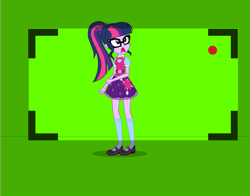 Size: 1426x1117 | Tagged: safe, artist:eduardonunes109, sci-twi, twilight sparkle, equestria girls, animated actors, behind the scenes, bowtie, camera, camera shot, clothes, glasses, green screen, mary janes, open mouth, ponytail, shocked, shoes, simple background, skirt, socks, solo