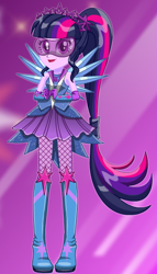 Size: 306x536 | Tagged: safe, artist:unicornsmile, sci-twi, twilight sparkle, equestria girls, legend of everfree, boots, crystal guardian, crystal wings, female, fishnets, glasses, high heel boots, open mouth, ponied up, ponytail, solo, starsue, super ponied up, visor, wings