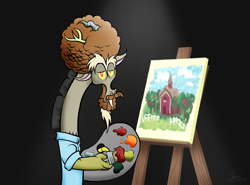 Size: 2732x2018 | Tagged: safe, artist:oinktweetstudios, discord, what about discord?, bob ross, draconiross, painting, solo