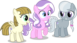 Size: 9500x5323 | Tagged: safe, artist:limedazzle, diamond tiara, silver spoon, zippoorwhill, earth pony, pegasus, pony, unicorn, absurd resolution, alternate universe, cutie mark, female, filly, missing accessory, race swap, raised hoof, simple background, the cmc's cutie marks, transparent background, vector